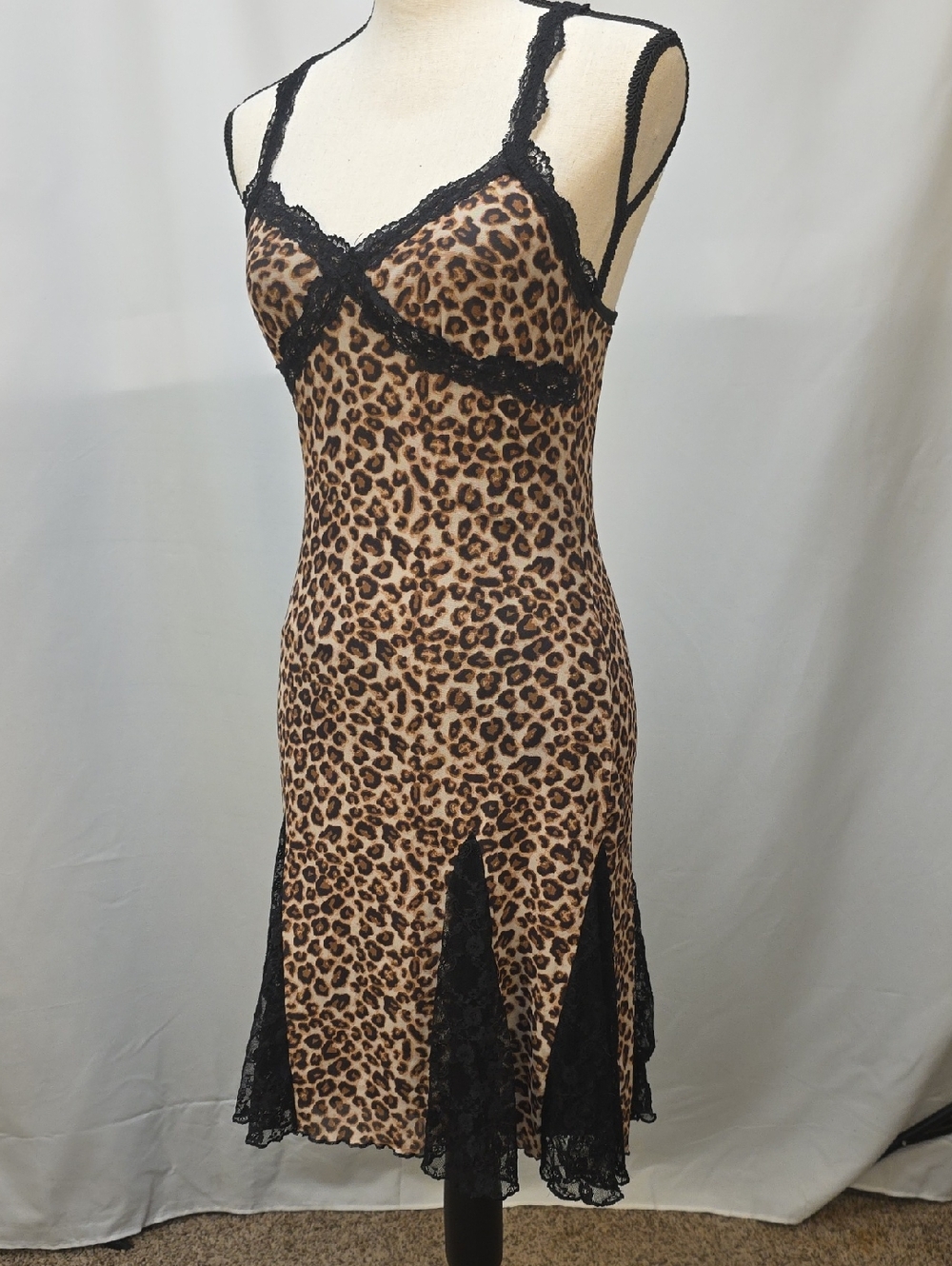 Leopard Print Midi Slip Dress with Black Lace Trim